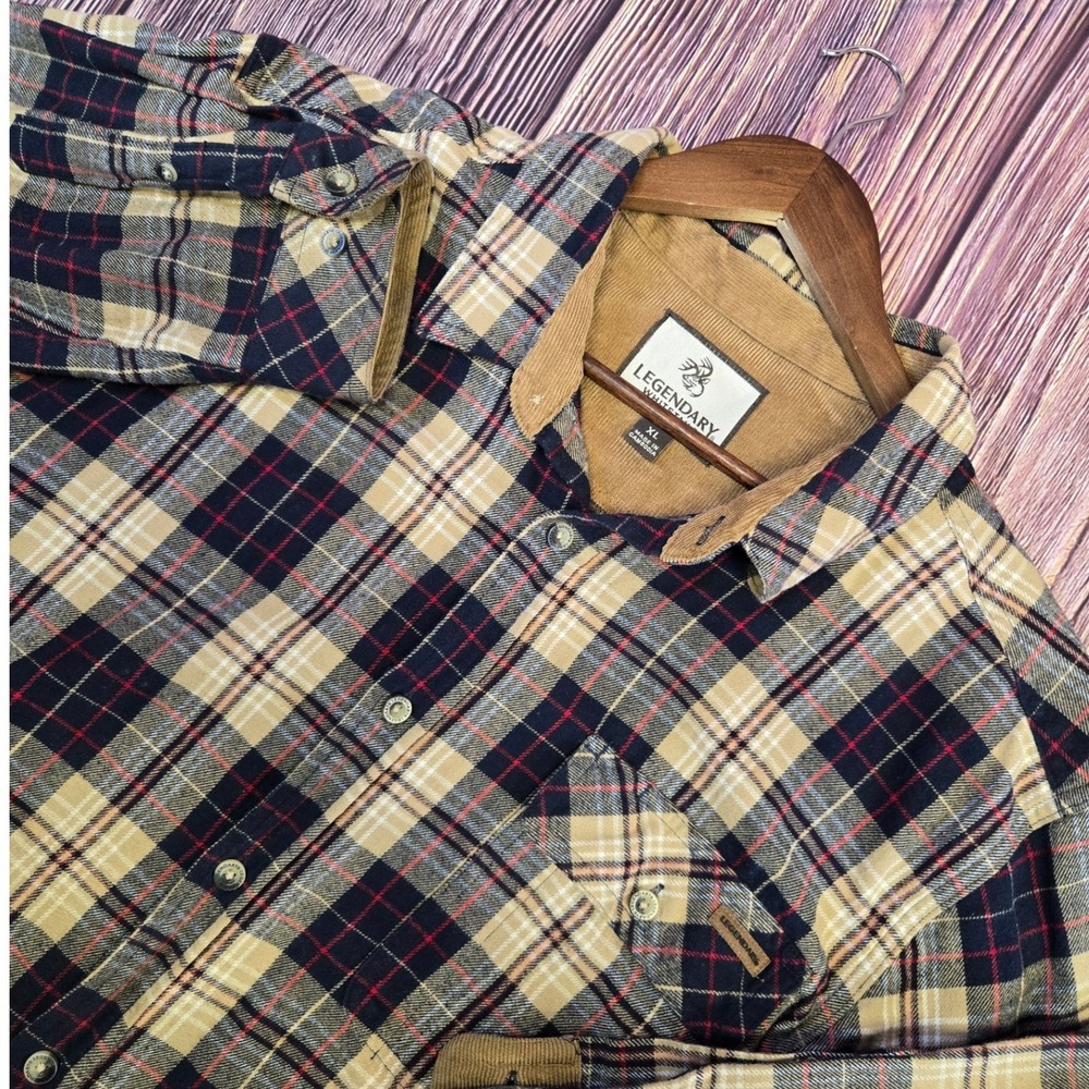 Legendary Whitetails Flannel Shirt‎ Mens XL Tan Navy Plaid Corduroy Trim Cotton